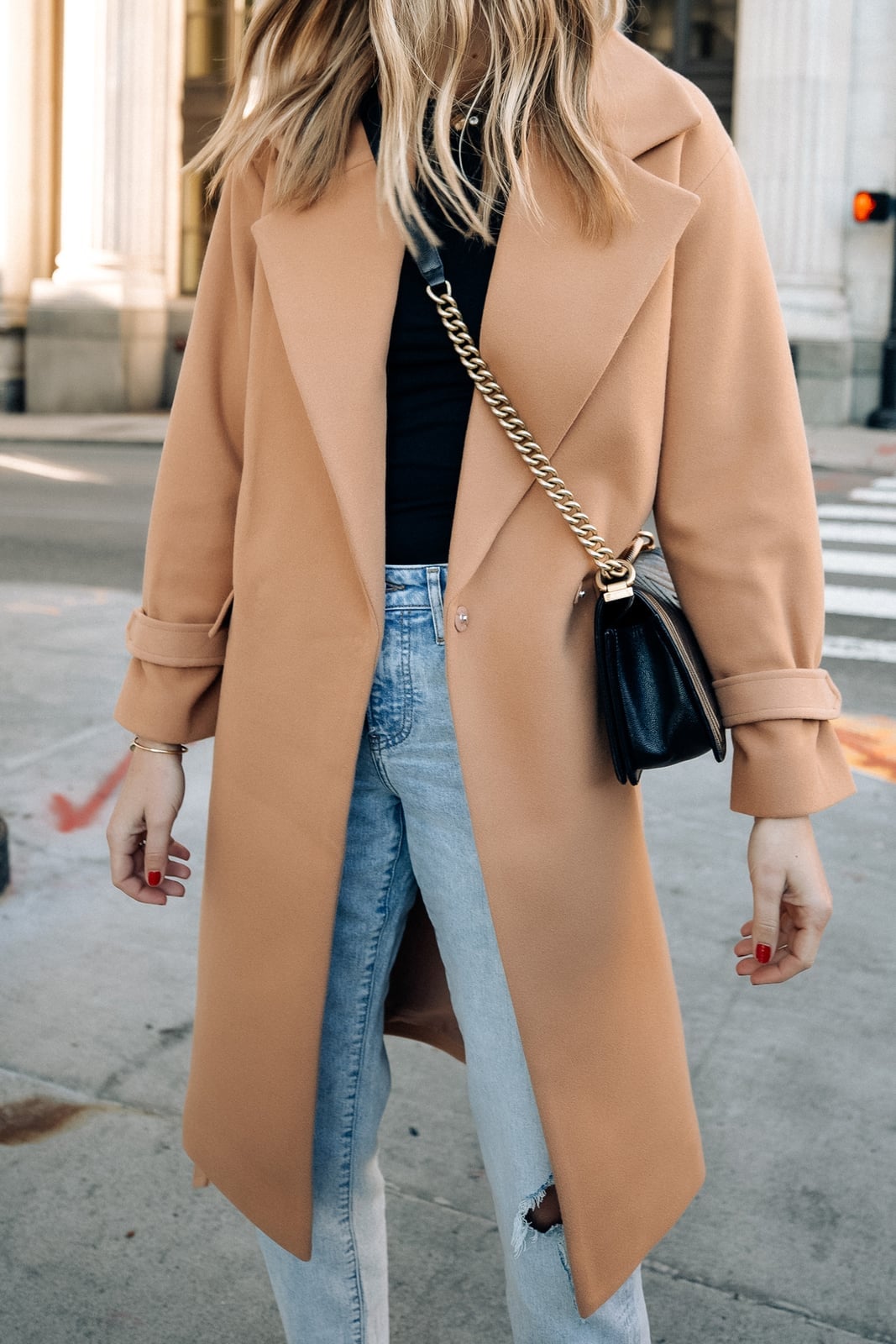Camel Wool Coat with Ripped Jeans and White Velcro Sneakers — Trendy Wool Coat Outfits
