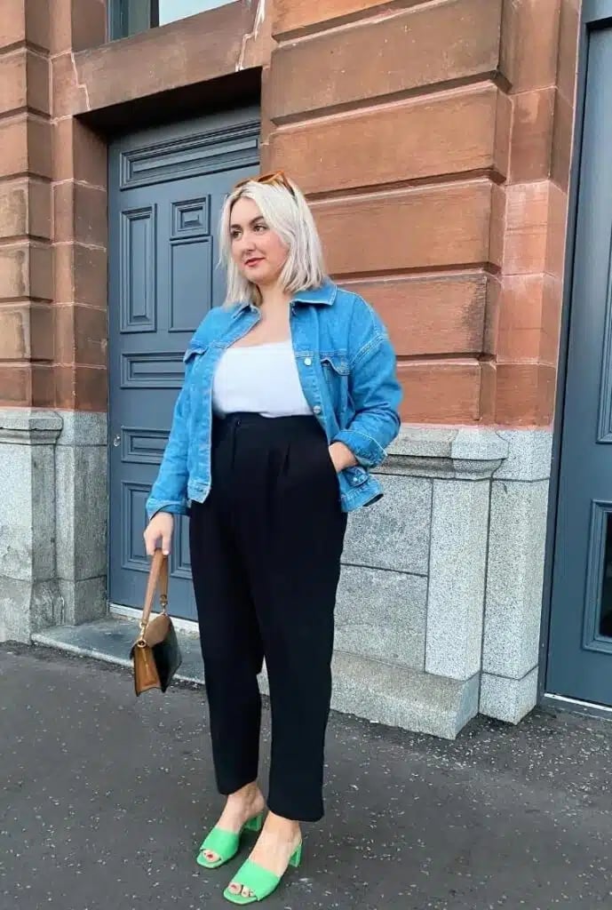 Denim Jacket with Black Trousers and Green Block Heels Denim Jacket with Black Trousers and Green Block Heels — Trendy Work From Home Outfits
