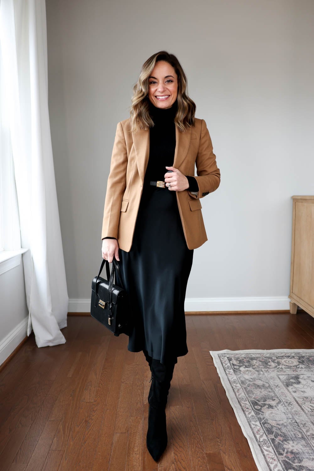 Camel Blazer Over Slip Dress and Suede Boots Camel Blazer Over Slip Dress and Suede Boots — Trendy Work From Home Outfits