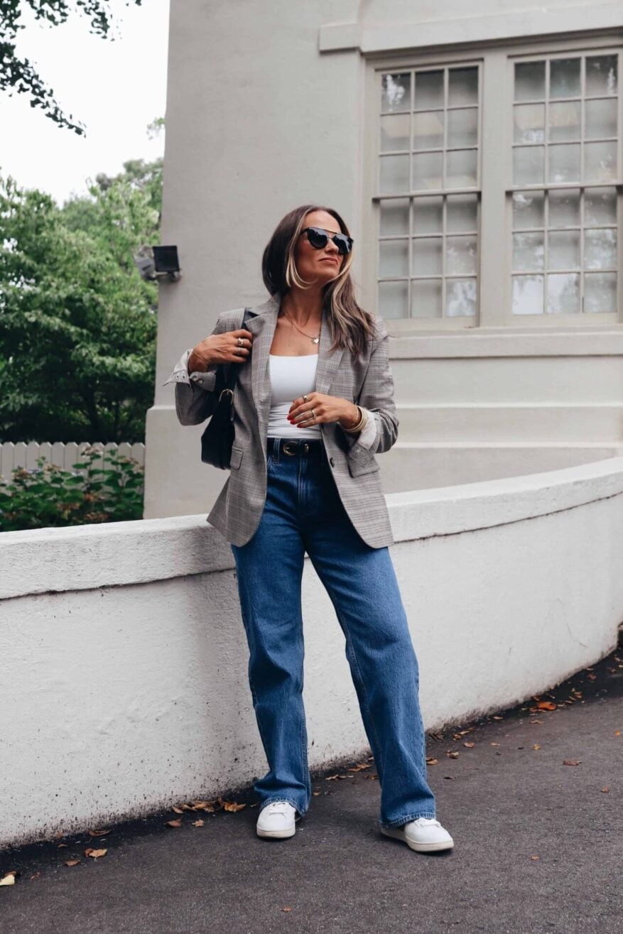 Plaid Oversized Blazer with White Tank and Jeans Plaid Oversized Blazer with White Tank and Jeans — Trendy Work From Home Outfits