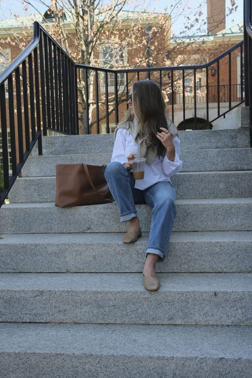 White Shirt with Beige Cardigan and Cuffed Jeans White Shirt with Beige Cardigan and Cuffed Jeans — Trendy Work From Home Outfits