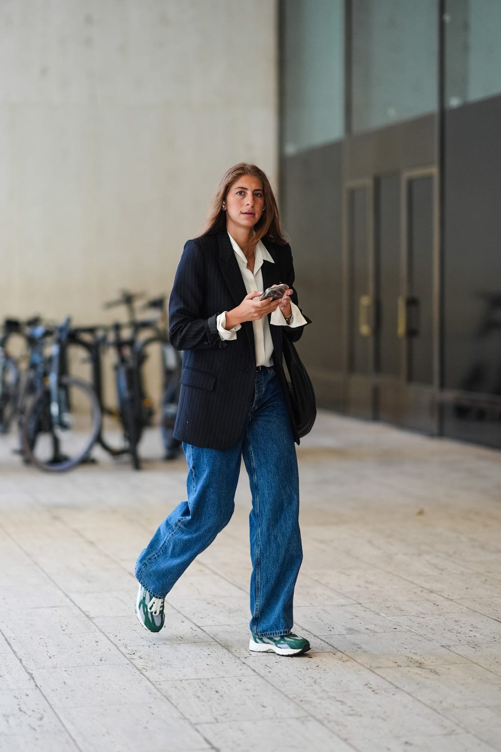 Navy Pinstripe Blazer with Jeans and Sneakers Navy Pinstripe Blazer with Jeans and Sneakers — Trendy Work From Home Outfits