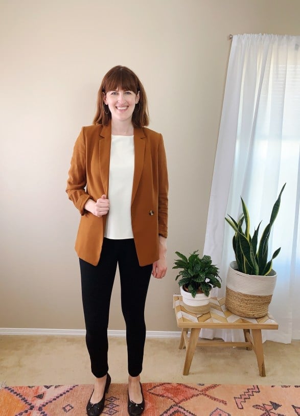 Rust Blazer with White T-shirt and Slim Trousers Rust Blazer with White T-shirt and Slim Trousers — Trendy Work From Home Outfits