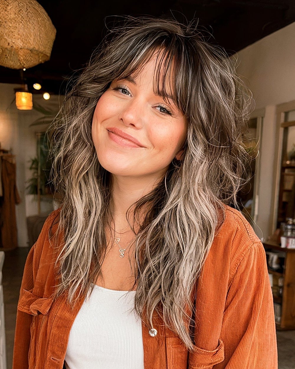 Collarbone Dark Brown Shag With Curtain Bangs — Trendy Work Hair