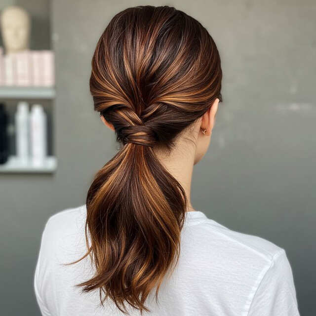 Mid-Back Wavy Ponytail With Honey Highlights — Trendy Work Hair