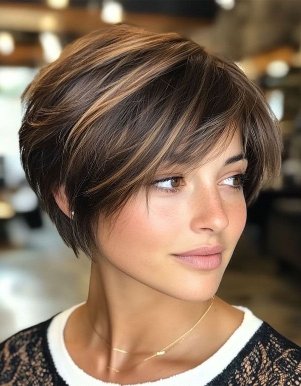 Dark Brown Pixie Bob With Side Bangs — Trendy Work Hair
