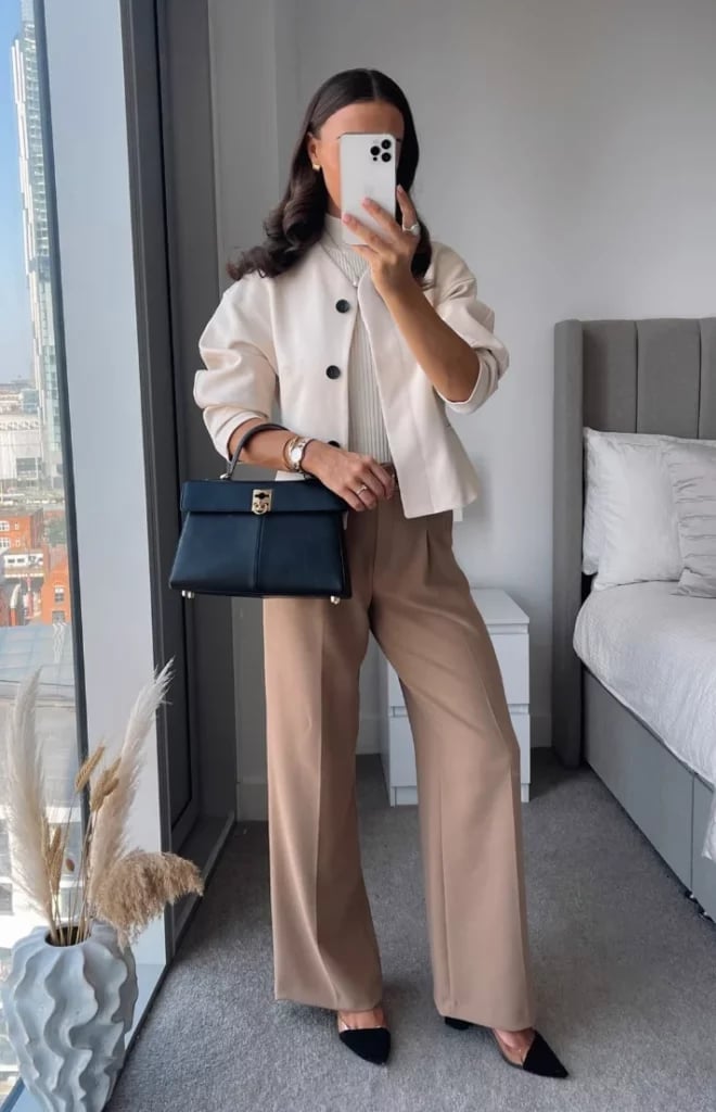 Cream Cropped Jacket with Beige Wide-Leg Trousers Cream Cropped Jacket with Beige Wide-Leg Trousers — Trendy Work Outfits