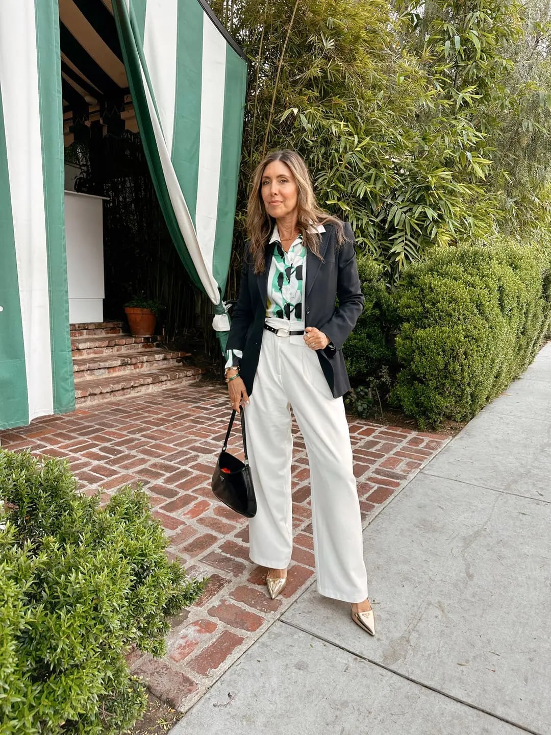 Black Blazer with Green and White Printed Blouse Black Blazer with Green and White Printed Blouse — Trendy Work Outfits