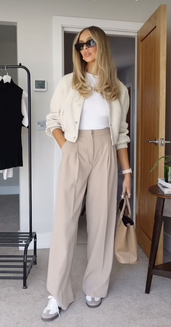 Cream Cropped Bomber Jacket with White T-Shirt Cream Cropped Bomber Jacket with White T-Shirt — Trendy Work Outfits
