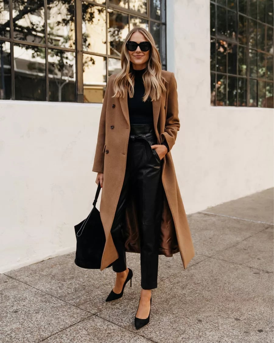 Camel Coat Over Black Turtleneck and Leather Trousers Camel Coat Over Black Turtleneck and Leather Trousers — Trendy Work Outfits
