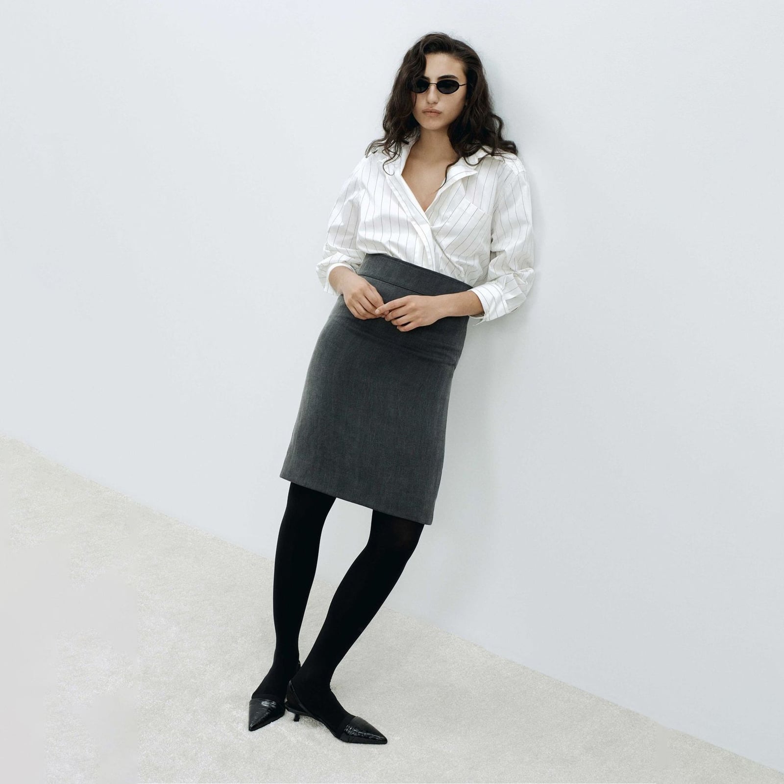 Grey Pencil Skirt with White Wrap Blouse Grey Pencil Skirt with White Wrap Blouse — Trendy Work Outfits