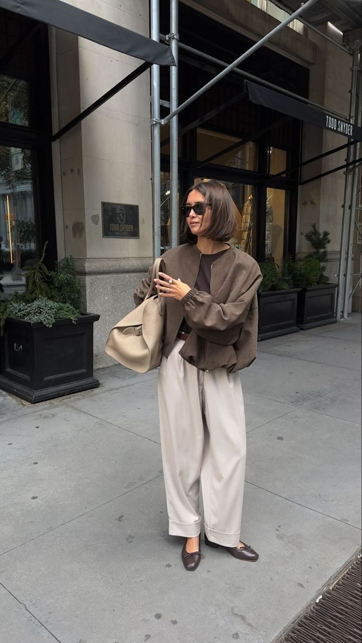 Brown Cropped Bomber Jacket with Beige Wide-Leg, Close-Up Take Brown Cropped Bomber Jacket with Beige Wide-Leg, Close-Up Take — Trendy Work Outfits