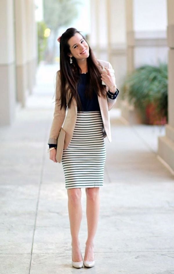 Striped Pencil Skirt with Navy Top and Beige Blazer Striped Pencil Skirt with Navy Top and Beige Blazer — Trendy Work Outfits