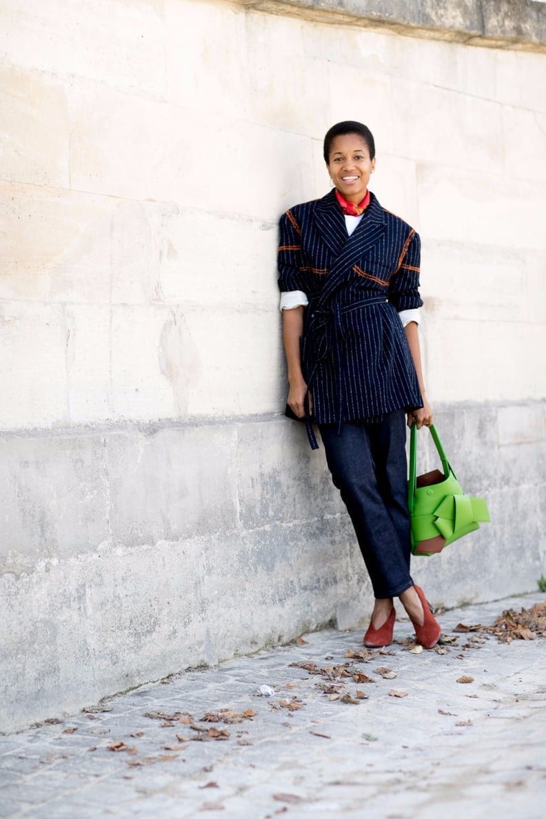 Pinstripe Wrap Blazer with White Shirt and Dark Trousers, Navy Pinstripe Wrap Blazer with White Shirt and Dark Trousers, Navy — Trendy Work Outfits