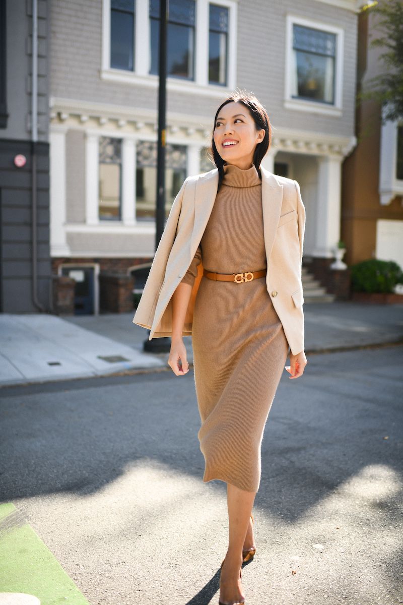 Camel Knit Midi Dress with Draped Blazer Camel Knit Midi Dress with Draped Blazer — Trendy Work Outfits