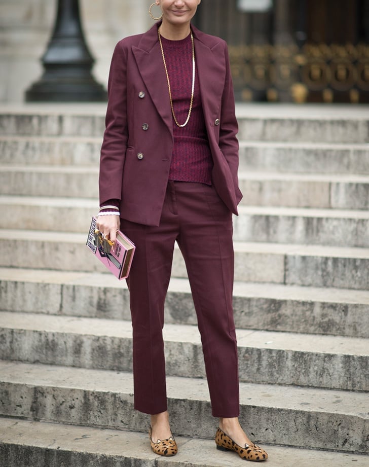 Burgundy Monochromatic Suit with Leopard Flats Burgundy Monochromatic Suit with Leopard Flats — Trendy Work Outfits