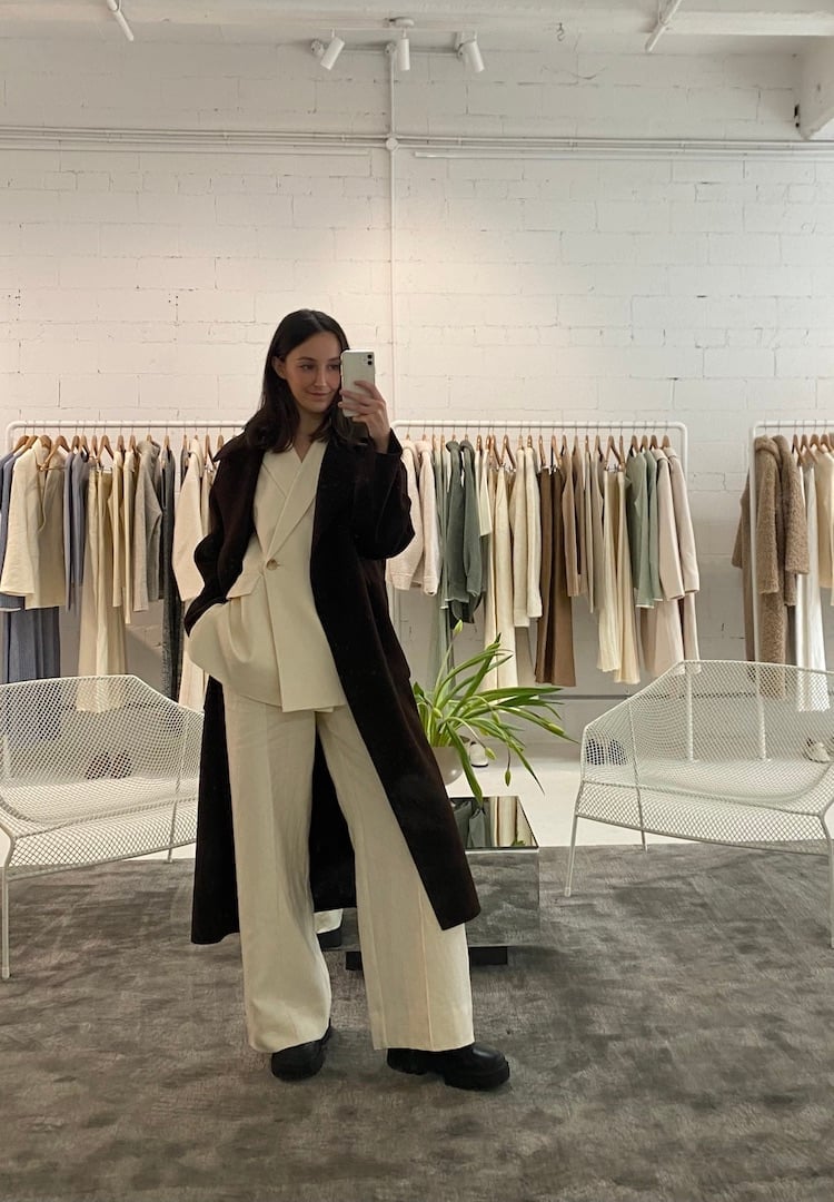 Cream Wide-Leg Trousers with Long Dark Brown Coat Cream Wide-Leg Trousers with Long Dark Brown Coat — Trendy Work Outfits