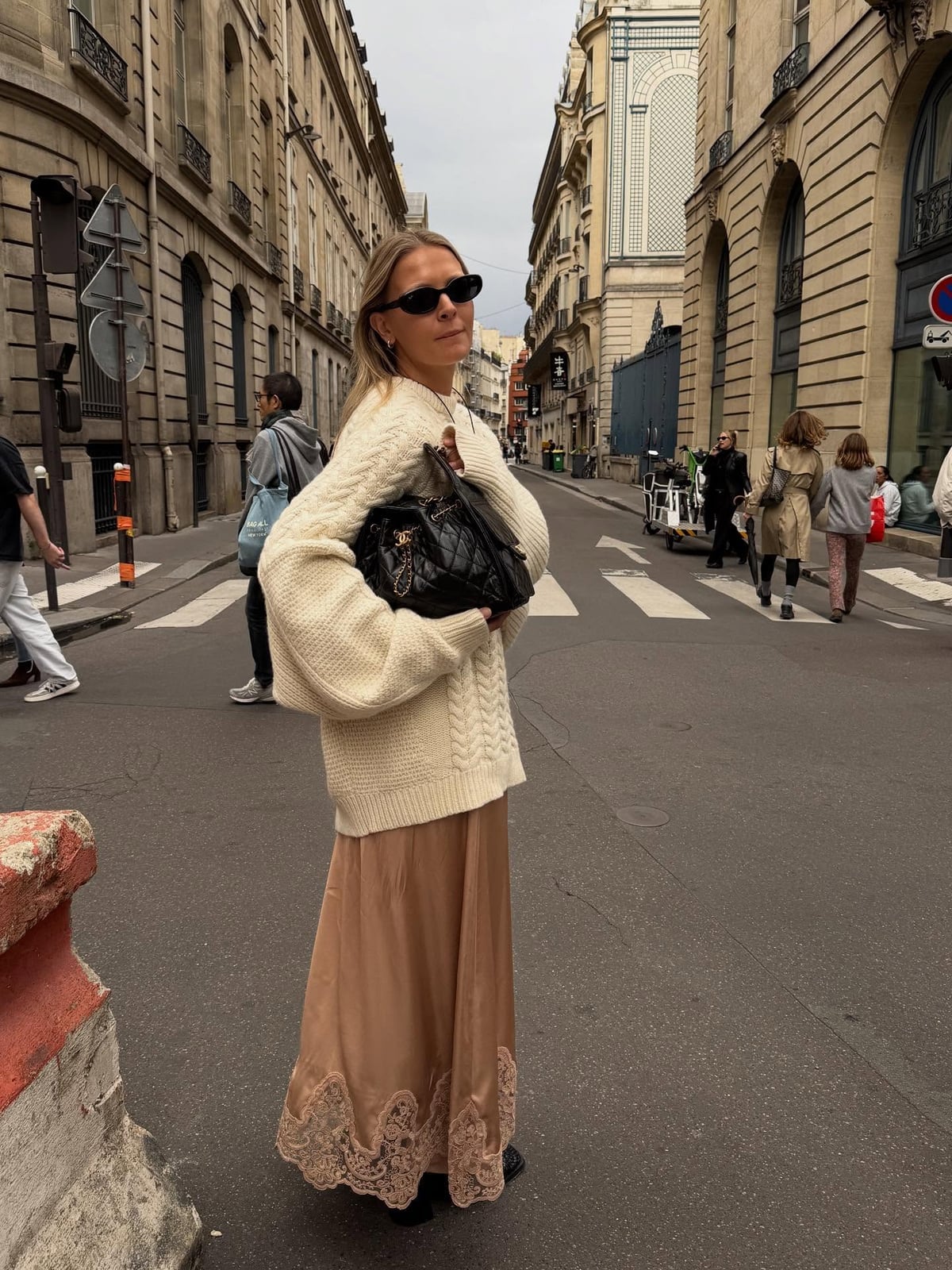 Chunky Cream Knit Sweater with Satin Slip Skirt — Trendy Work Outfits Women Office
