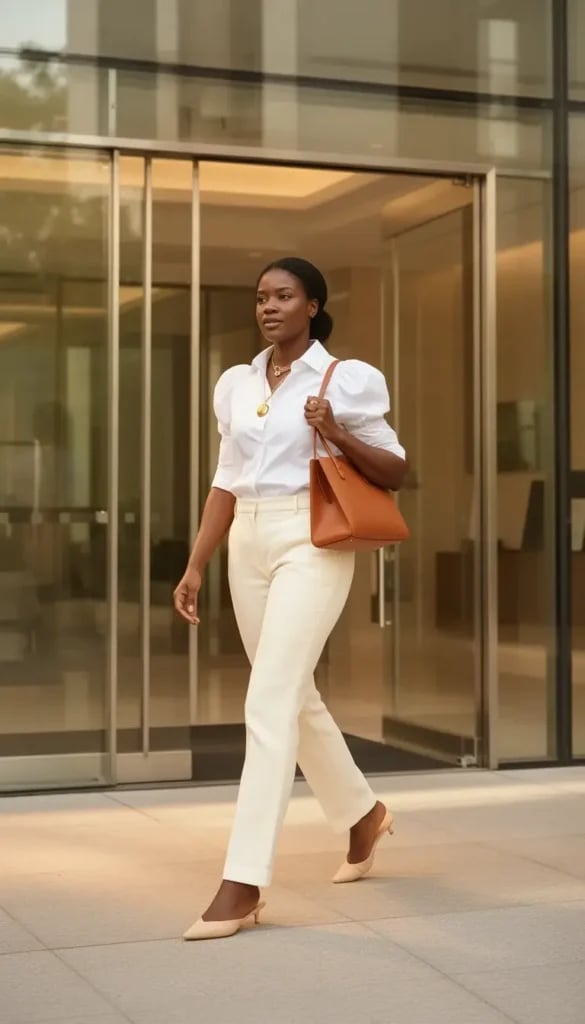 White Puff-Sleeve Shirt with Cream Trousers — Trendy Work Outfits Women Office