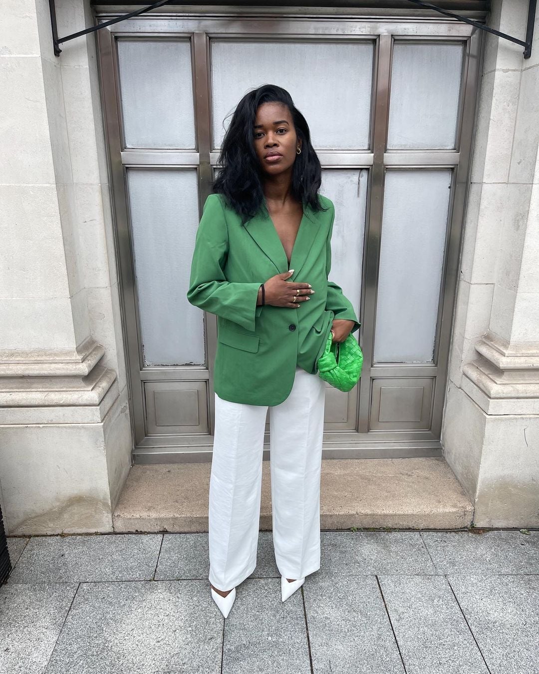 Vibrant Green Oversized Blazer with White Trousers — Trendy Work Outfits Women Office