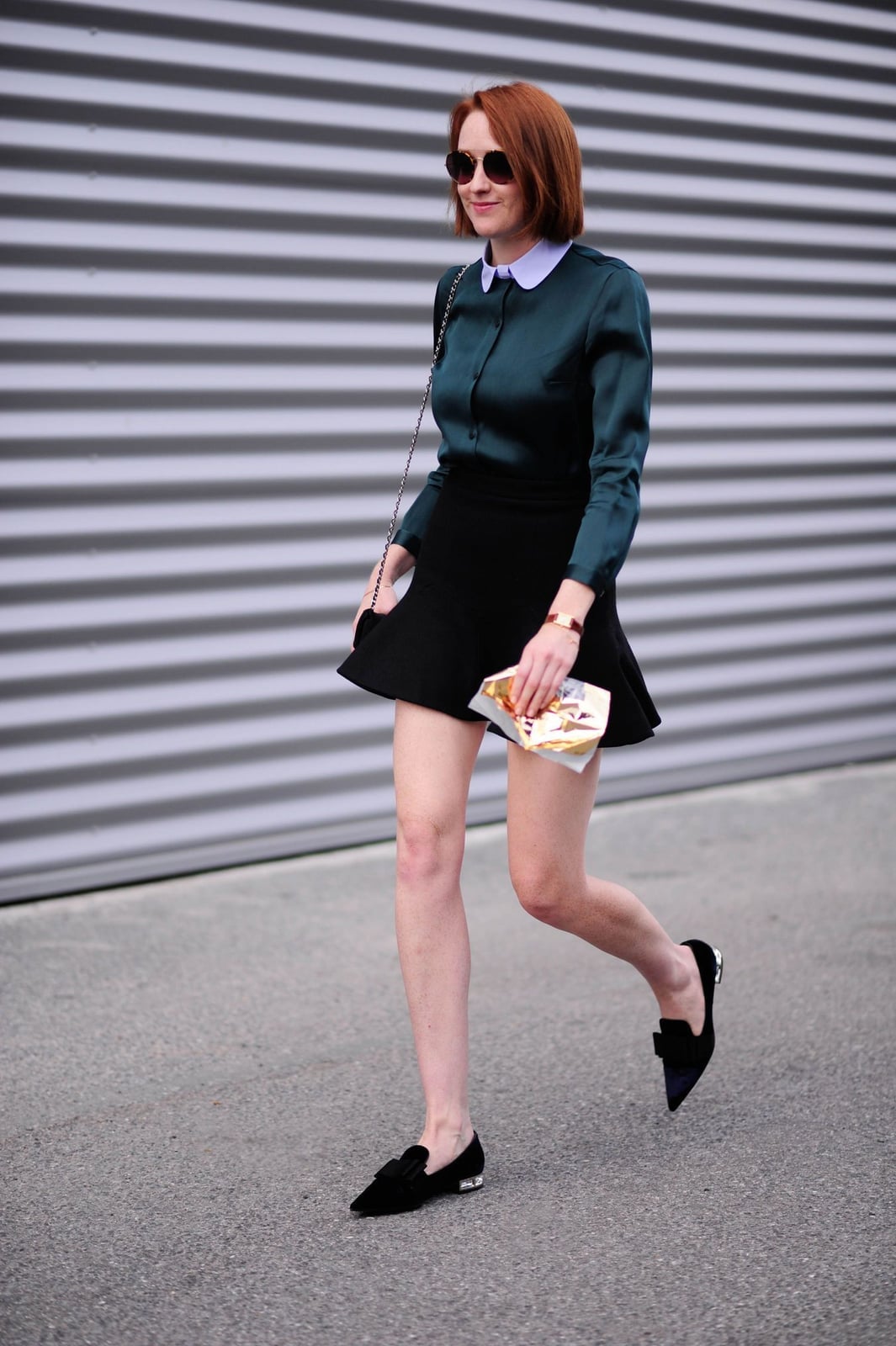 Dark Teal Blouse with Black Skater Skirt — Trendy Work Outfits Women Office