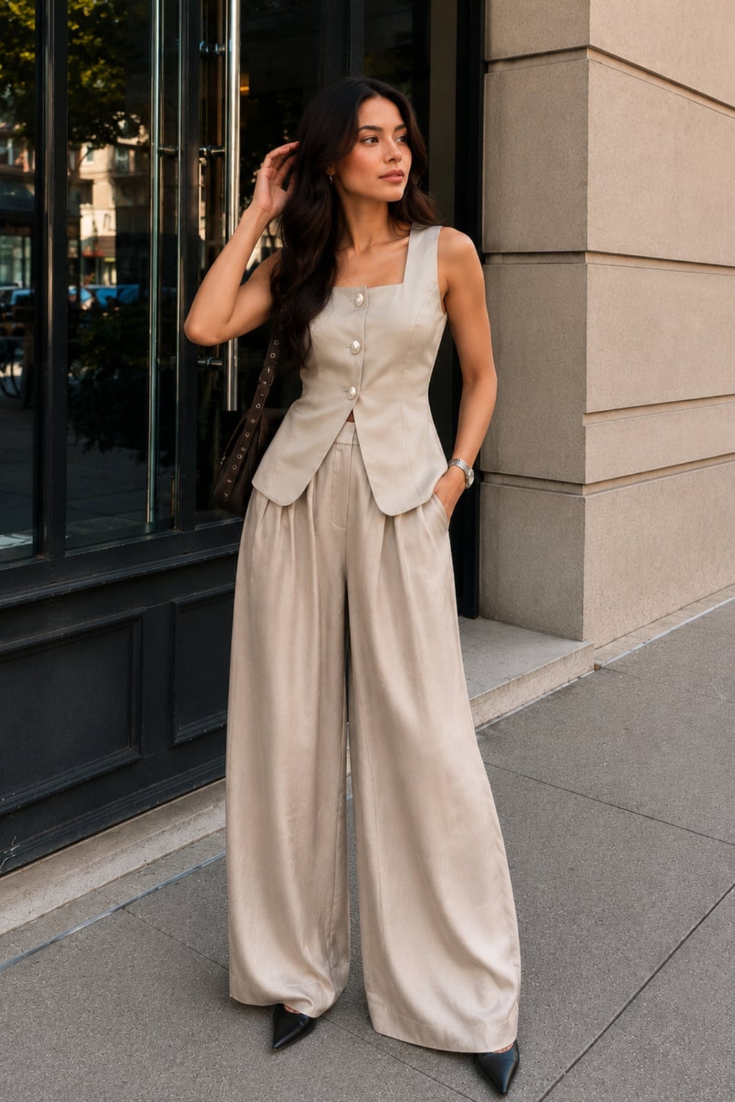 Neutral Beige Vest Over Matching Top with Flowing Trousers — Trendy Work Outfits Women Office