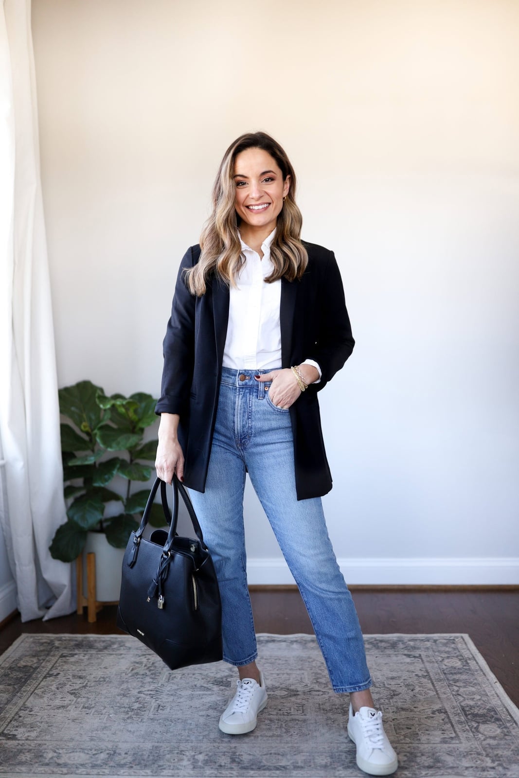 Black Blazer with Jeans and Sneakers — Trendy Work Outfits Women Office
