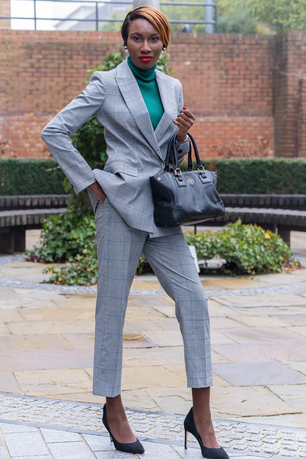 Grey Plaid Suit with Green Turtleneck — Trendy Work Outfits Women Office