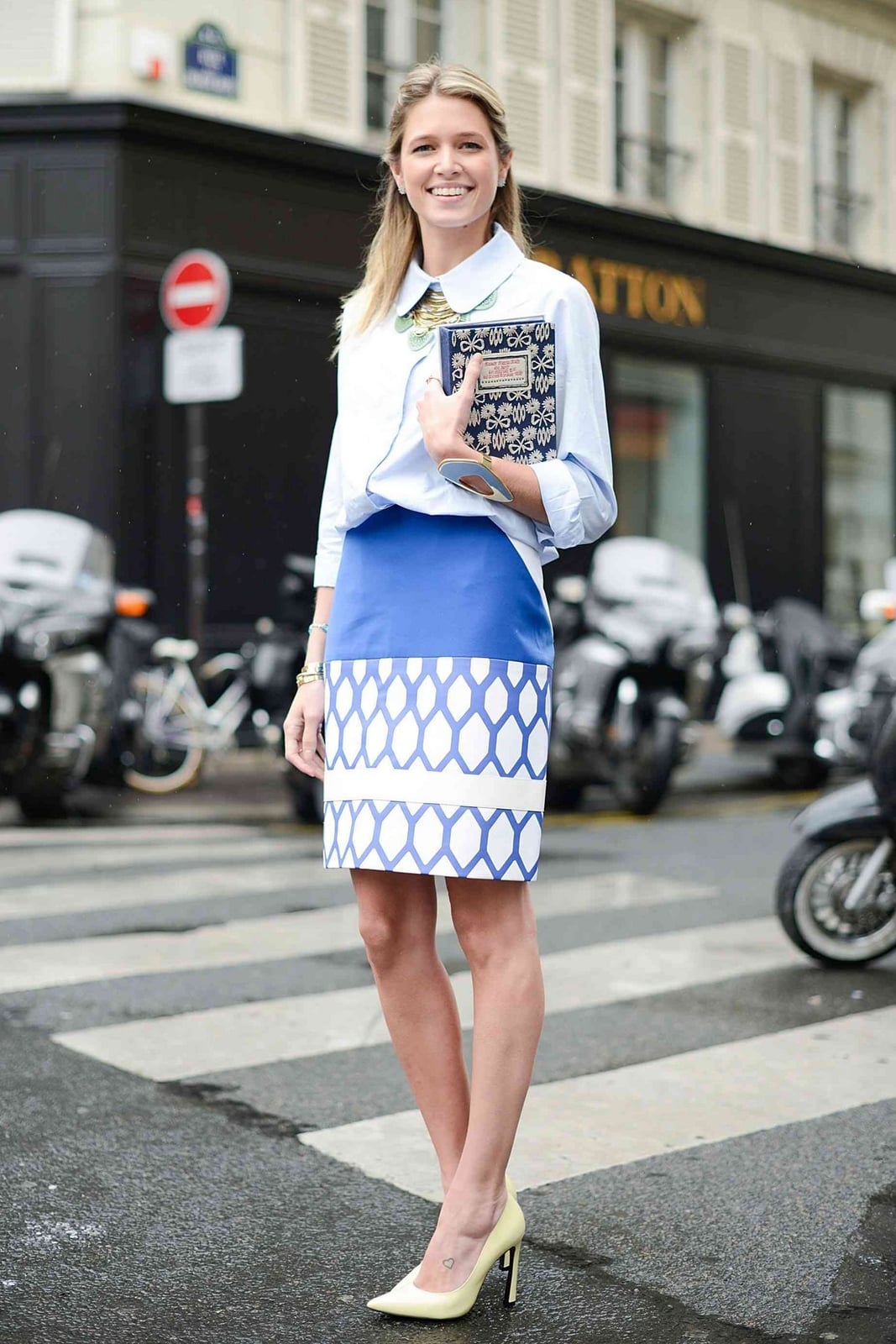 Blue Shirt with Geometric Print Pencil Skirt — Trendy Work Outfits Women Office