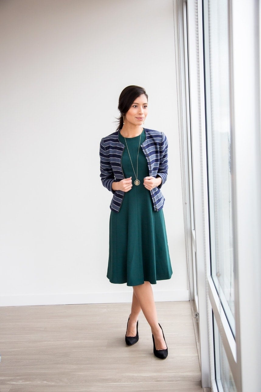 Dark Green A-Line Dress with Striped Cardigan — Trendy Work Outfits Women Office