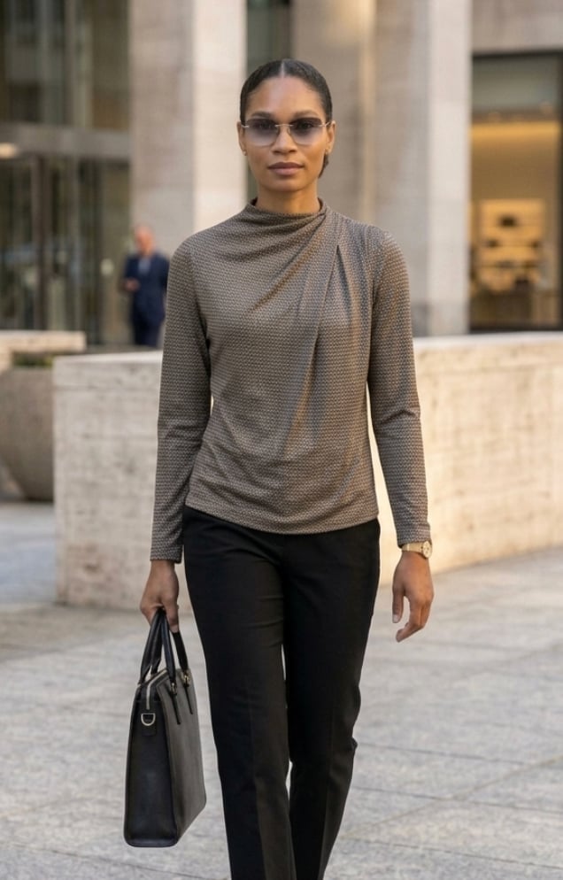 Geometric Print Top with Black Trousers — Trendy Work Outfits Women Office