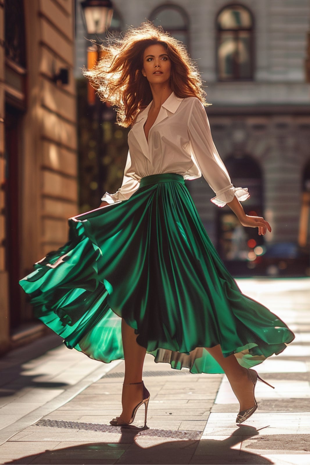 White Blouse with Emerald Green Satin Midi Skirt — Trendy Work Outfits Women Office