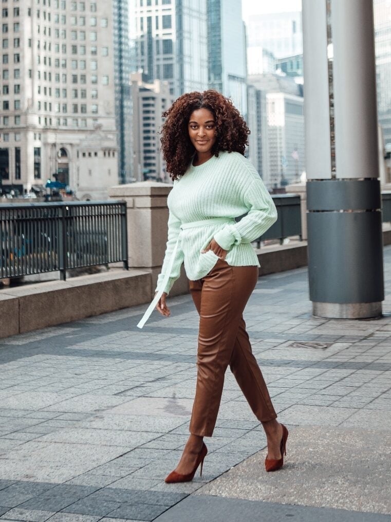 Mint Green Sweater with Faux Leather Trousers — Trendy Work Outfits Women Office