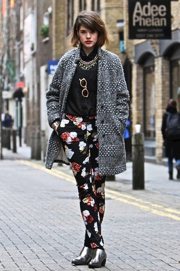 Grey Coat Over Black Shirt and Floral Trousers — Trendy Work Outfits Women Office