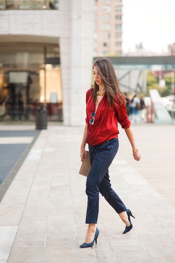 Vibrant Red Silk Blouse with Navy Trousers — Trendy Work Outfits Women Office