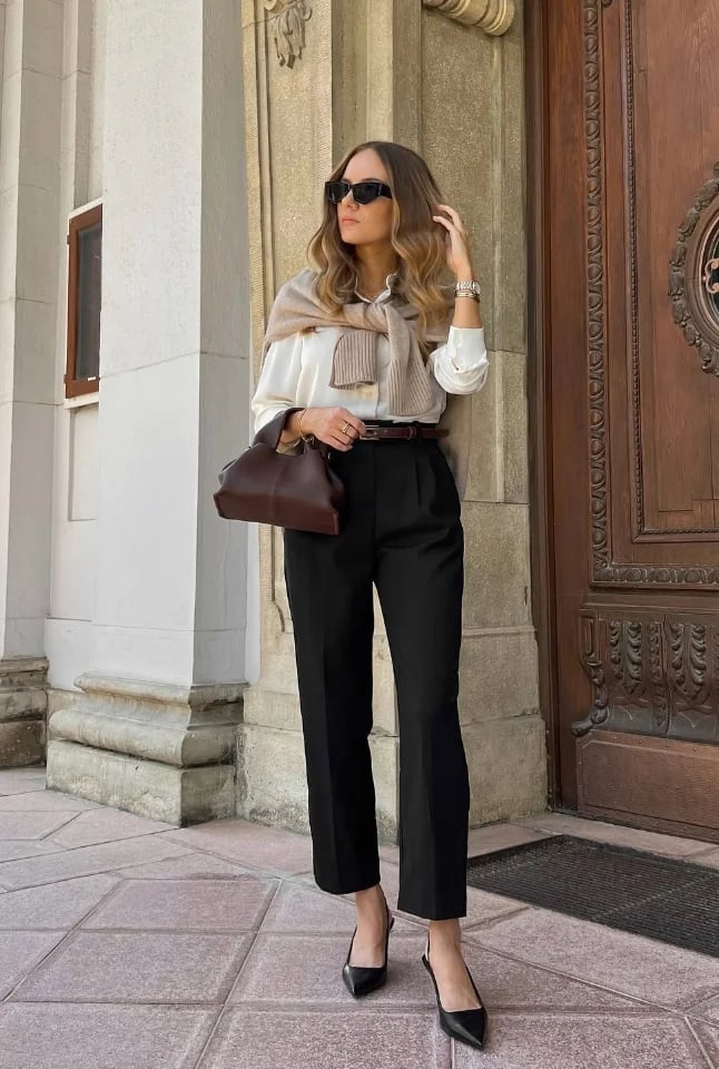 White Shirt and Black Trousers with Draped Sweater — Trendy Work Outfits Women Office
