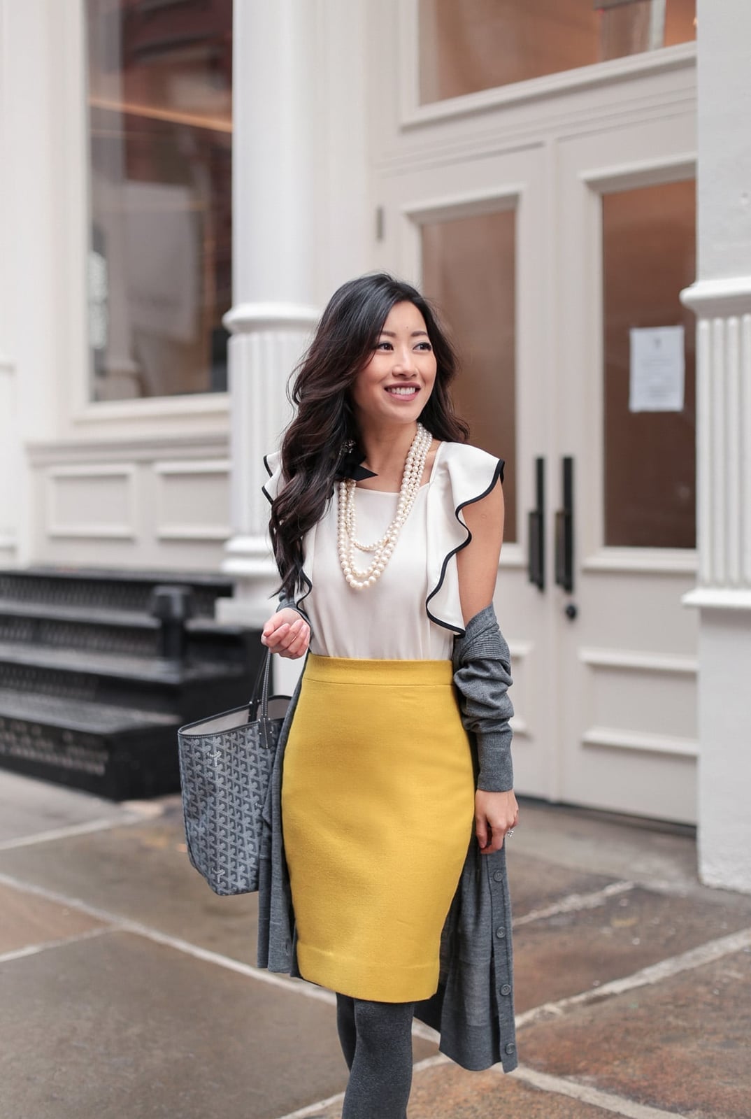 Bright Yellow Pencil Skirt with Ruffled Top — Trendy Work Outfits Women Office