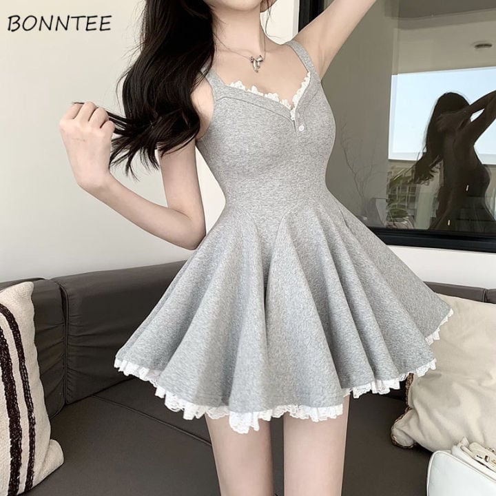 Grey Sundress with Lace Trim and Buttons — Trendy Y2K Dress