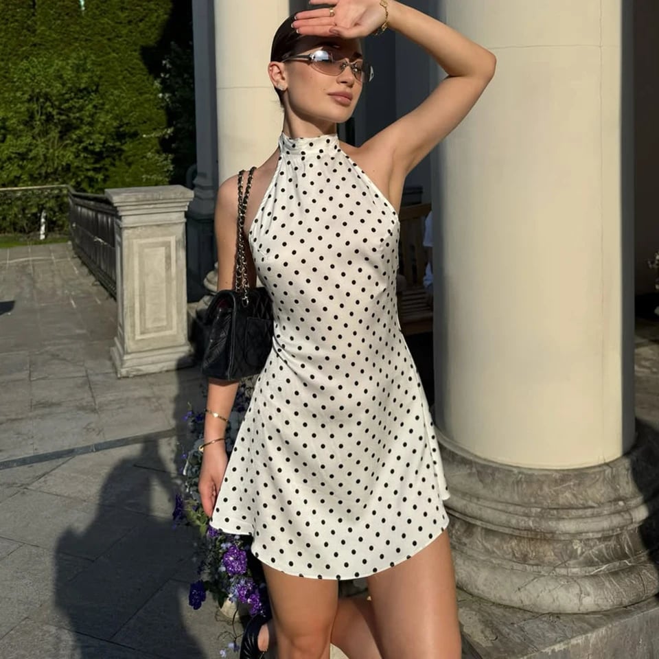White Polka Dot Mini Dress with V-neck — Trendy Y2K Dress