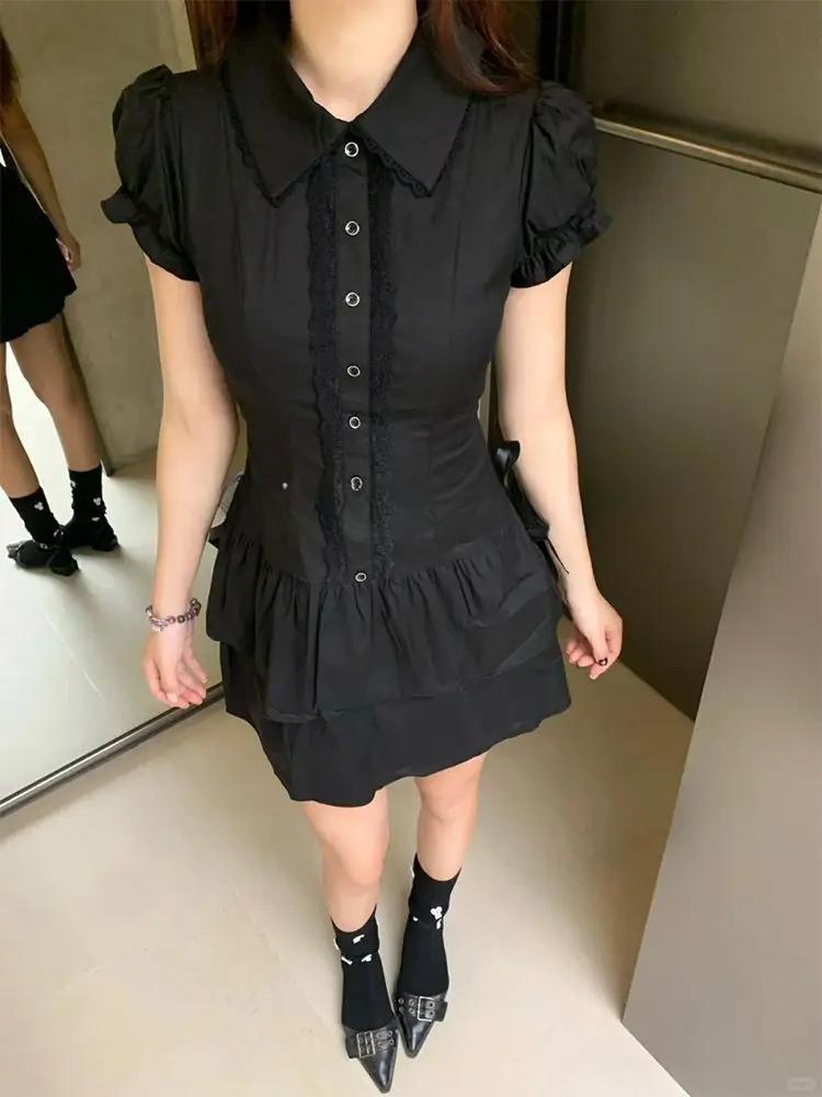 Gothic Lolita Mini Dress with Lace Trim — Trendy Y2K Dress