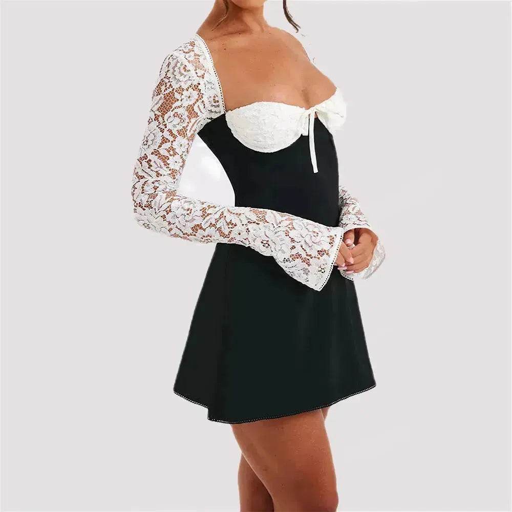 Black and White Mini Dress with Lace Sleeves — Trendy Y2K Dress