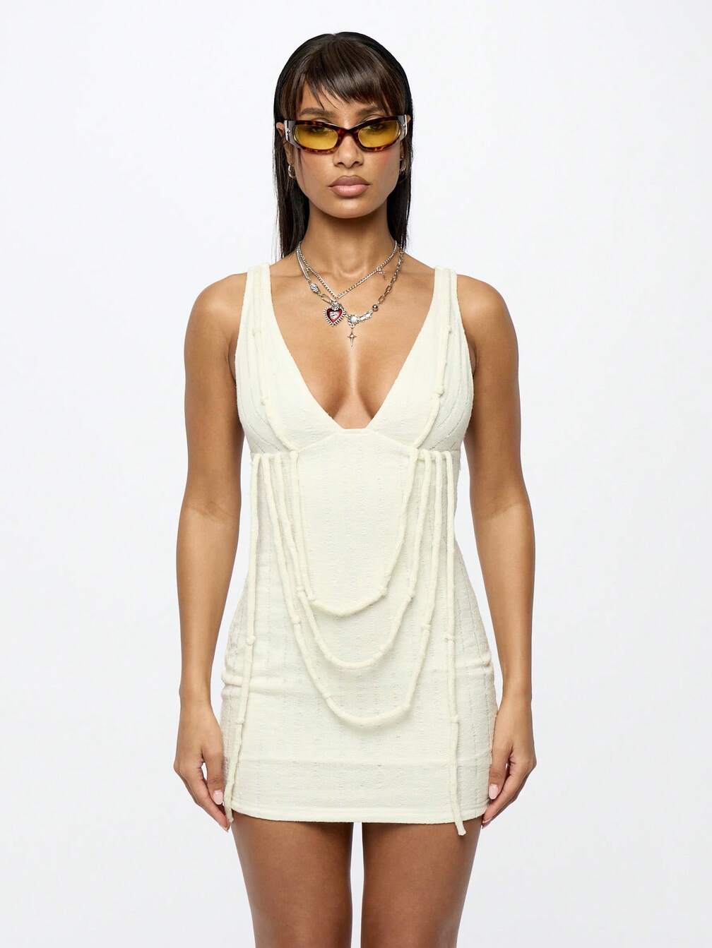 Cream Knit Mini Dress with Beaded Fringe — Trendy Y2K Dress