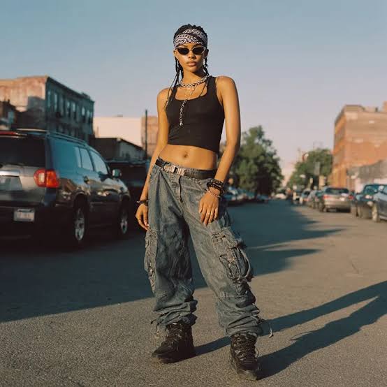 Tank Top and Extremely Baggy Cargo Pants with Bandana — Trendy Y2K Style