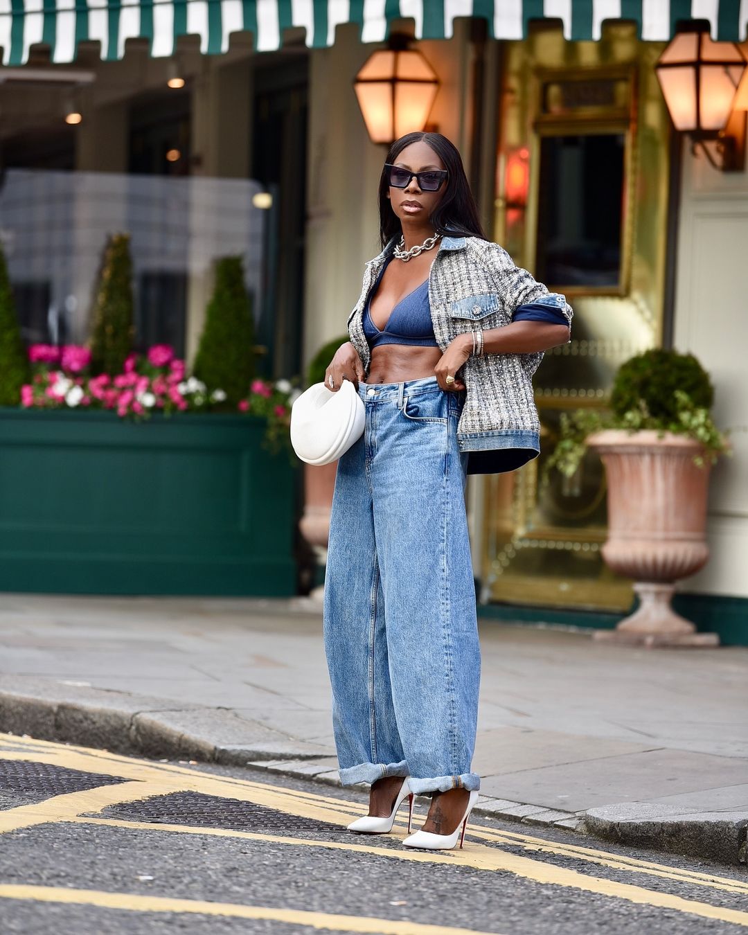 Denim Bikini Top and Tweed Jacket with Extremely Baggy Jeans — Trendy Y2K Style