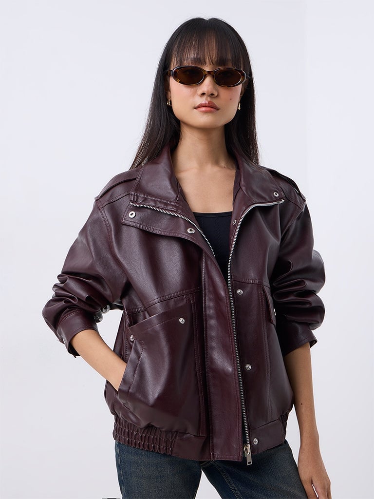 Burgundy Faux Leather Bomber Jacket with Oval Sunglasses — Trendy Y2K Style
