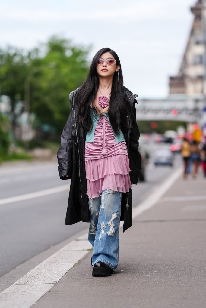 Leather Trench Coat and Ruffled Dress Over Baggy Jeans — Trendy Y2K Style