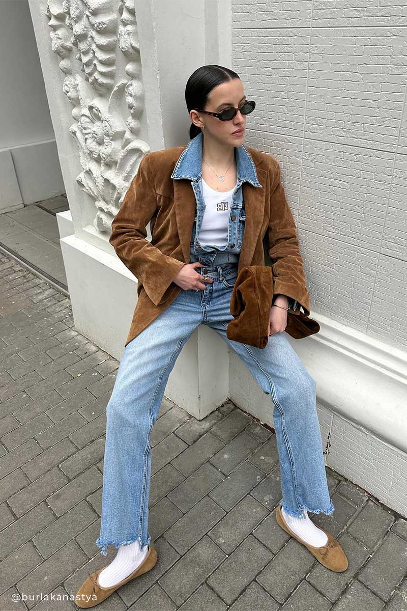 Suede Jacket and Denim Shirt Over Tank Top with Wide-Leg Jeans — Trendy Y2K Style