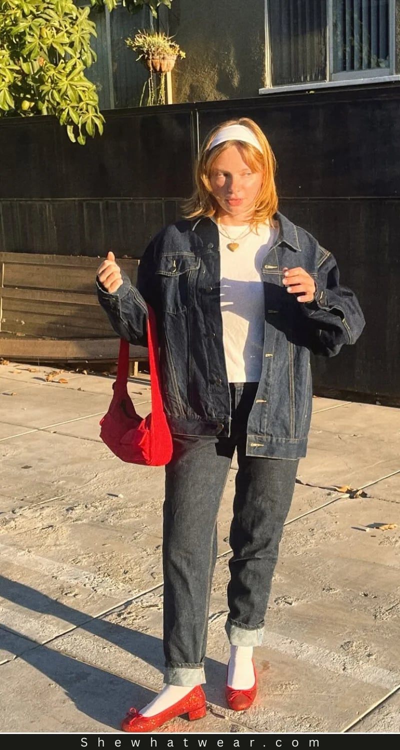 Oversized Denim Jacket and White T-Shirt with Red Ballet Flats — Trendy Y2K Style