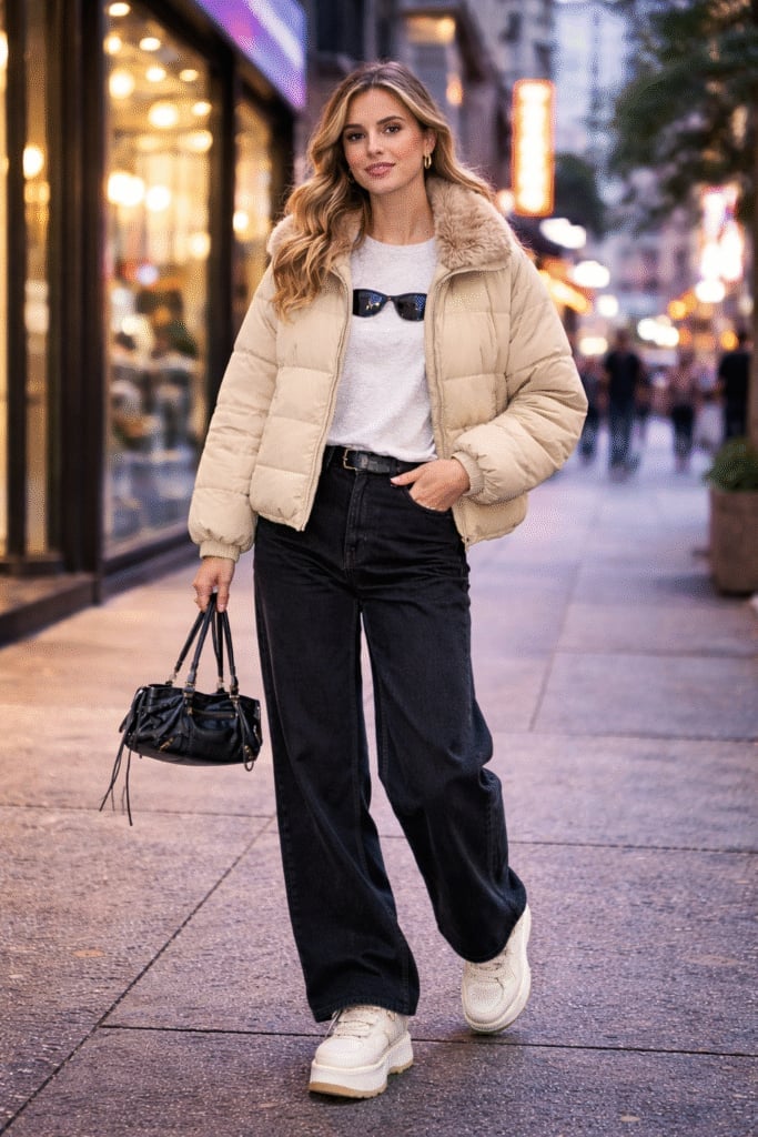 Puffer Jacket and Graphic T-Shirt with Wide-Leg Jeans — Trendy Y2K Style