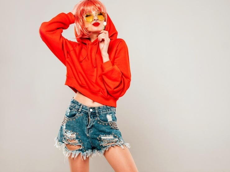 Hooded Sweatshirt and Studded Denim Shorts with Yellow Sunglasses — Trendy Y2K Style